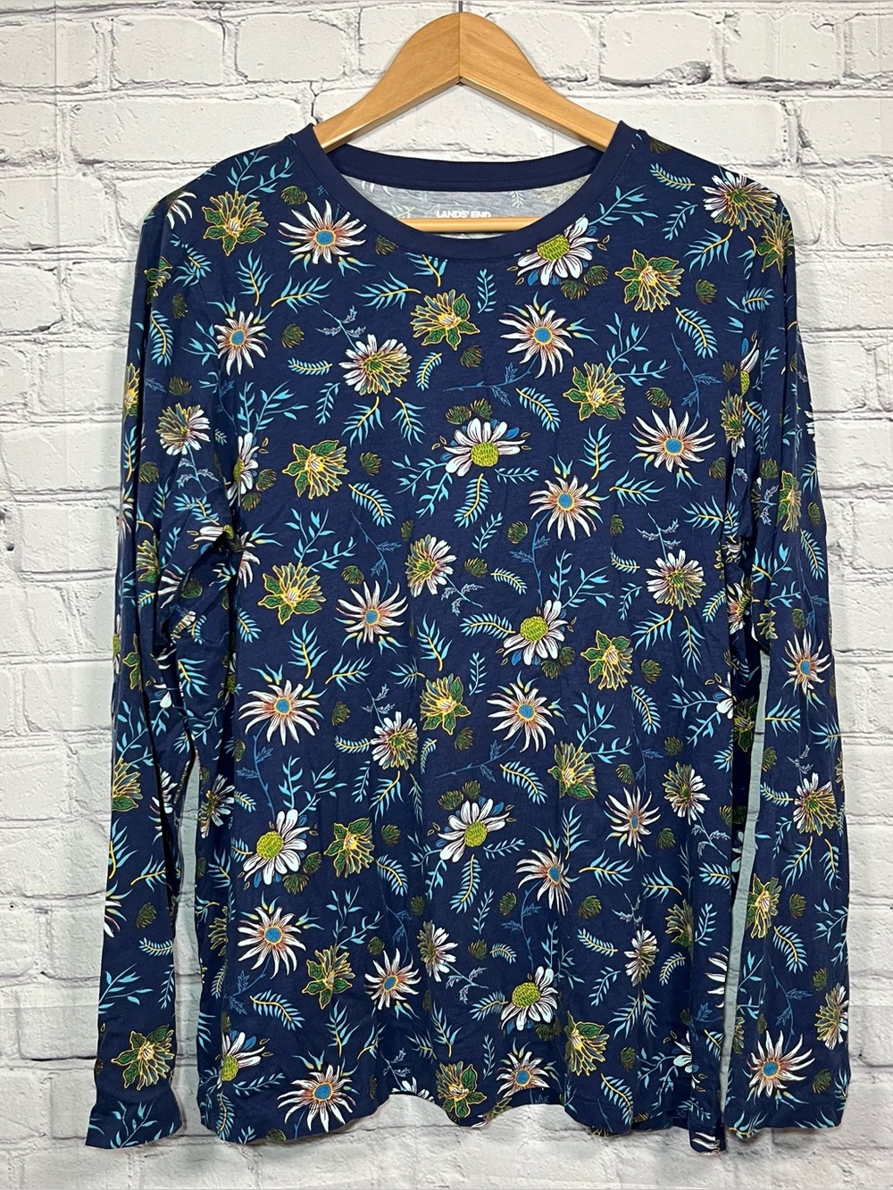 Lands' End Floral Top Womens Size XL Blue Pullover Cotton Relaxed Fit